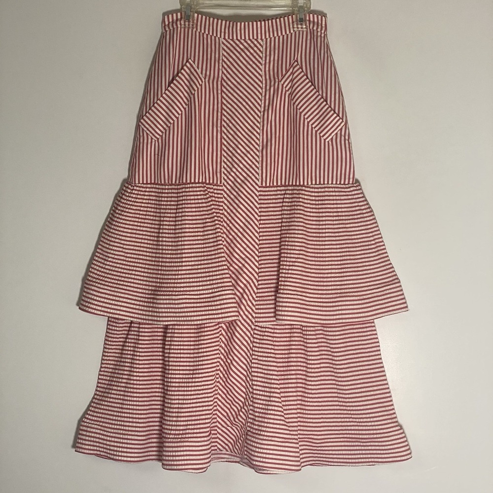 Iorane Midi Skirt Womens XS Red Lolla Stripe Ruffle Cotton Kissed Pockets Preppy